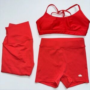 RED ALO 3 PIECE SET- INTRIGUE BRA (S), 7/8 LEGGING(XXS) + HIGH WAISTED HOT SHORT